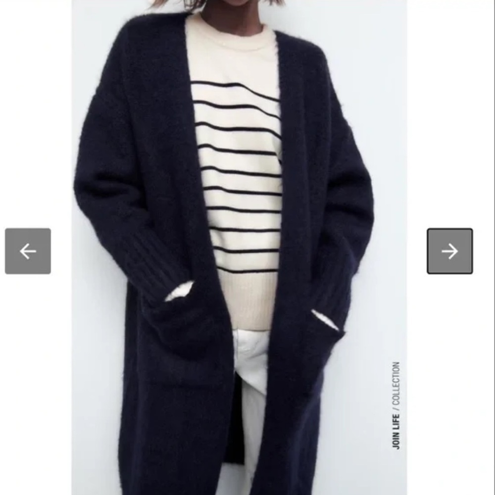 Zara Long Patch Pocket Cardigan Navy Sz M/L - Picture 6 of 12